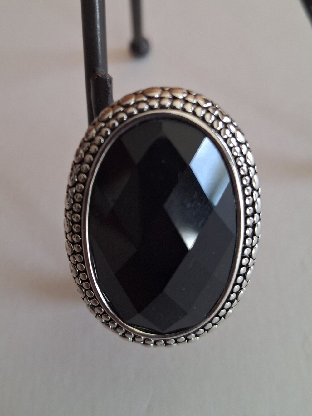 Black Oval Faceted Stone Ring with Silver Beaded Frame